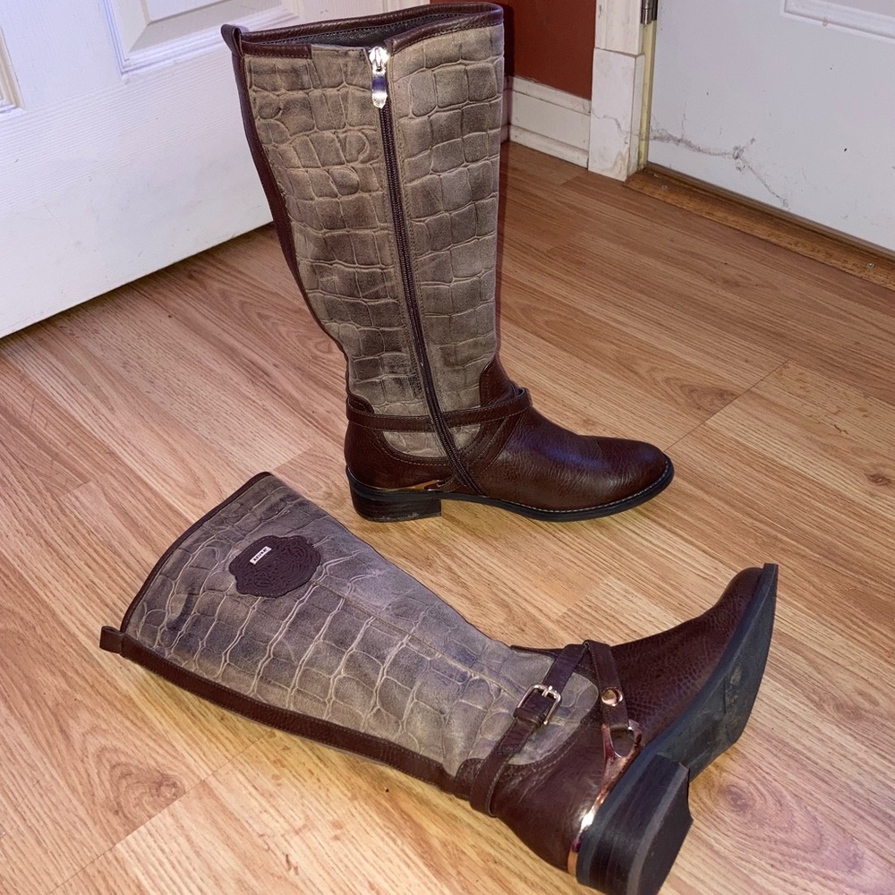 Azura Azaria Faux Leather Animal Print Embossed Brown Tall Boots sz 38 7 1/2